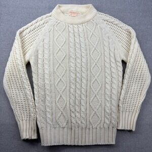 Vintage 70s Cable Knit Fisherman Sweater Womens Medium Cream Hand Loomed Acrylic